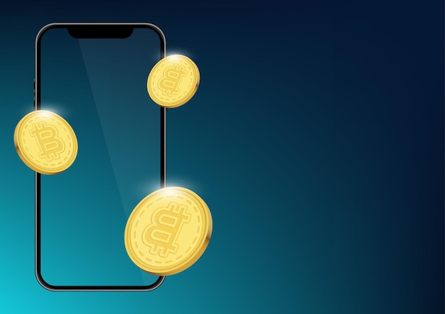 Cryptocurrency Bitcoin met smartphone blockchain-technologie geldmarktfinancieringsvector