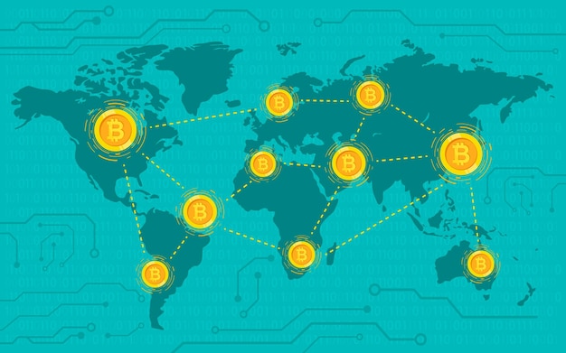 Криптовалюта блокчейн и технология биткойн новая карта мира финансовых технологий фон ill