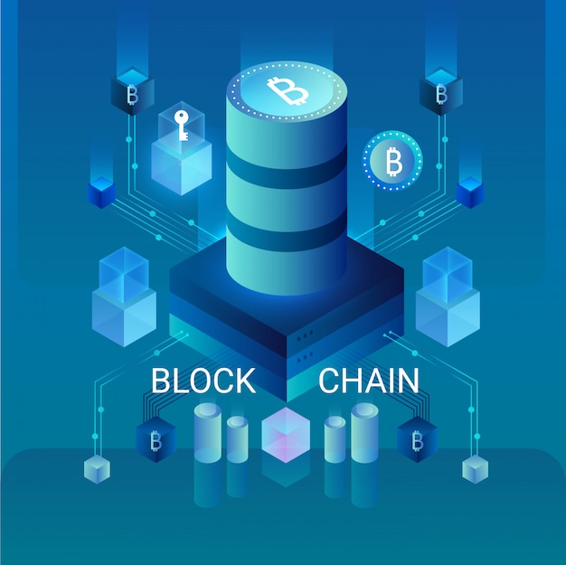 Cryptocurrency 및 blockchain 개념, 데이터 기반 센터, 클라우드 데이터 저장소 아이소 메트릭 그림. 웹 디자인, 프리젠 테이션 배너.