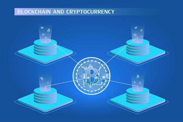 Vettore concetto di criptovaluta e blockchain fattoria per l'estrazione di bitcoin illustrazione isometrica vettore