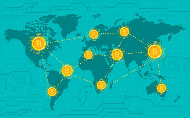Cryptocurrency Blockchain en Bitcoin-technologie Nieuwe financiële technologie Wereldkaartachtergrond Ill