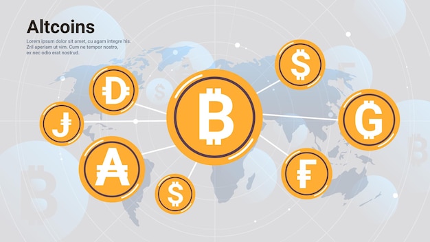 暗号通貨ブロックチェーンアイコン世界地図上の仮想通貨アルトコインの概念水平コピースペースベクトル図