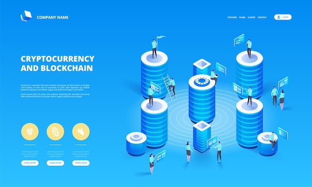 Composizione isometrica di criptovaluta e blockchain con persone, analisti e manager che lavorano all'avvio di criptovalute. illustrazione isometrica.