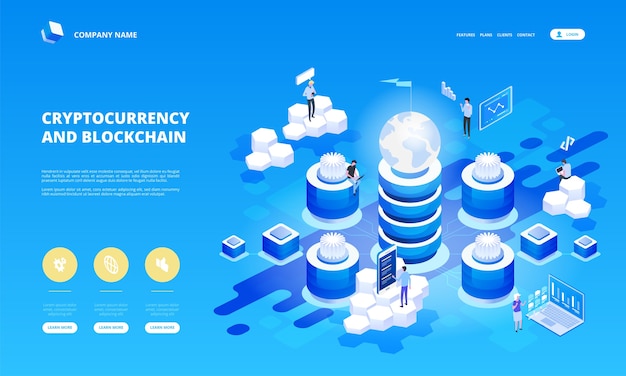 暗号化に取り組んでいる人々、アナリスト、マネージャーとの暗号通貨とブロックチェーンの等尺性組成物が起動します。等角投影図。