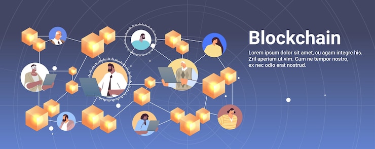 Vector cryptocurrency blockchain technology businesspeople trading and investing on laptops virtual currency on world map