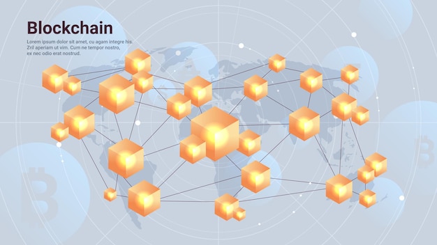 Технология блокчейн криптовалюты виртуальная валюта на карте мира горизонтальная копия пространства