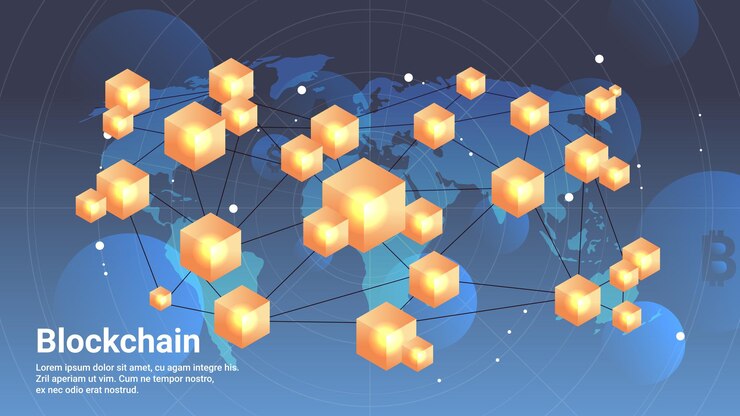 Vector cryptocurrency blockchain technology virtual currency on world map horizontal copy space vector illustration