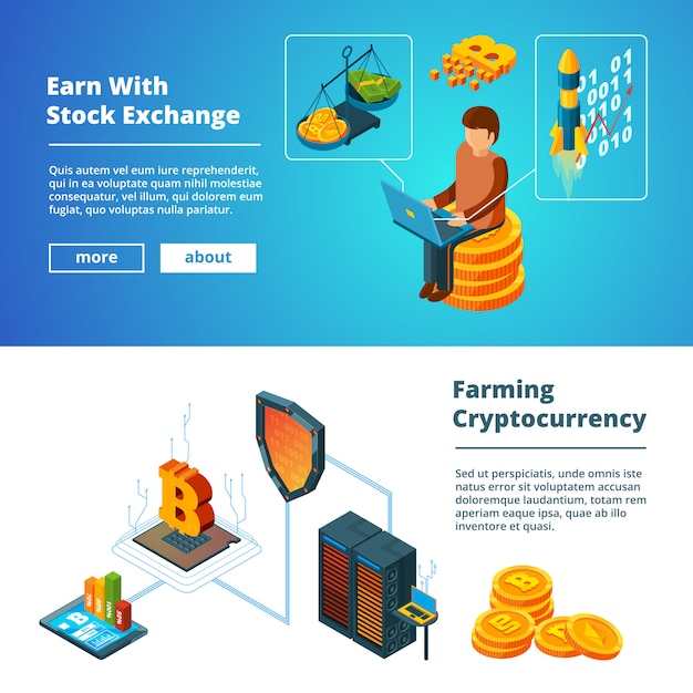 Cryptocurrency business banner set, global ico blockchain crypto digital money company coins mining isometric banner set