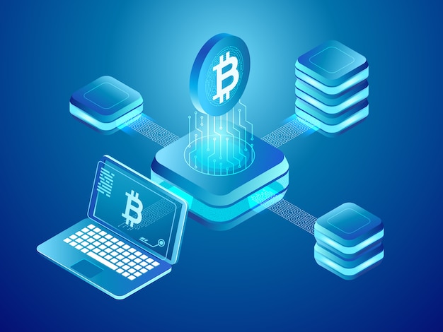 Cryptocurrency coins mining, beveiligd gedistribueerd netwerk van verbonden mijnblokken