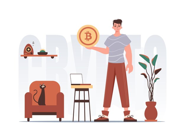 Vector cryptocurrency concept a man holds a bitcoin in the form of a coin in his hands character in modern trendy style