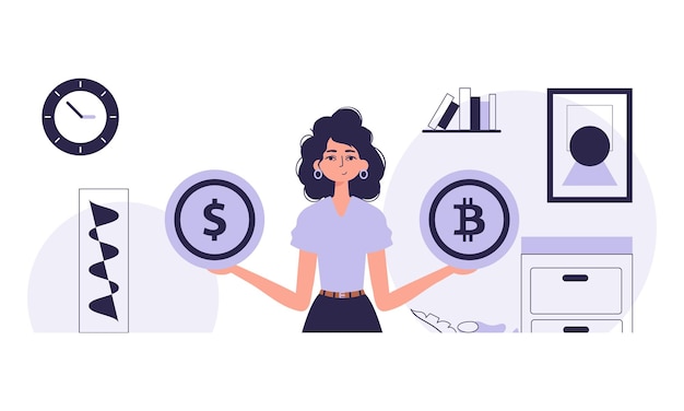 Vector cryptocurrency concept a woman holds in her hands a bitcoin and a dollar in the form of coins character in trendy style