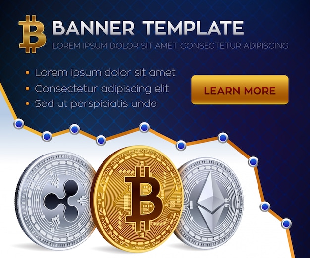 Modello di banner modificabile di criptovaluta. bitcoin, ethereum, ripple. monete fisiche isometriche 3d. moneta d'oro bitcoin ed ethereum d'argento e monete a catena. azione