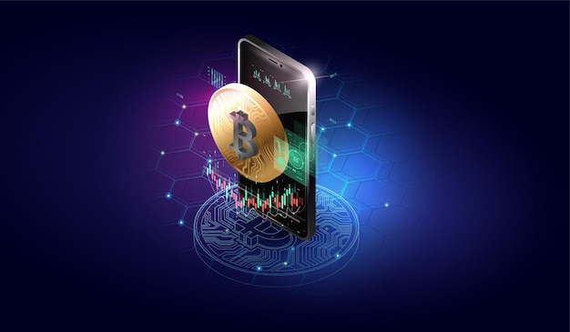 Cryptocurrency exchange concept Blockchain Bitcoin mining Illustration Trade exchange app on phone screen