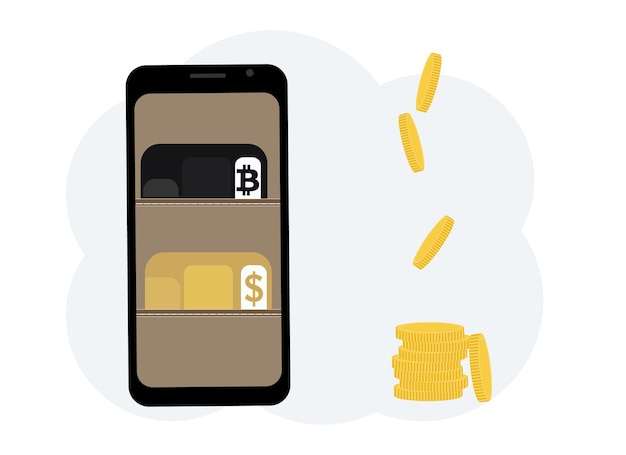 Cryptocurrency exchange and storage concept. Mobile with illustration of plastic cards for cryptocurrency and currency.