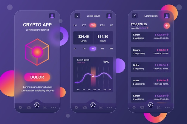 Cryptocurrency glassmorphic design neumorphic elements kit for mobile app UI UX GUI screens set