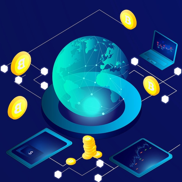 Cryptocurrency Global Network Isometric Graphic Illustration Vector illustration