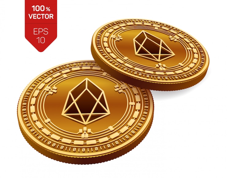 Vector cryptocurrency golden coins with eos symbol isolated on white background.
