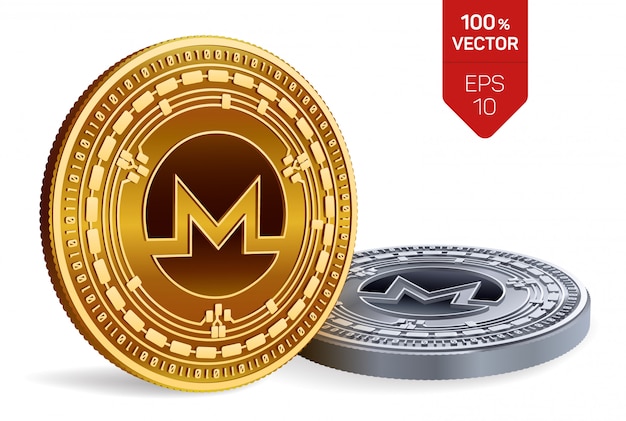 Cryptocurrency golden and silver coins with Monero symbol isolated on white background.