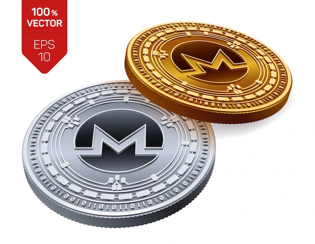 Cryptocurrency golden and silver coins with monero symbol isolated on white background.