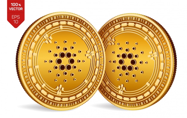 Cryptocurrency gouden munten met Cardano-symbool geïsoleerd op een witte achtergrond.