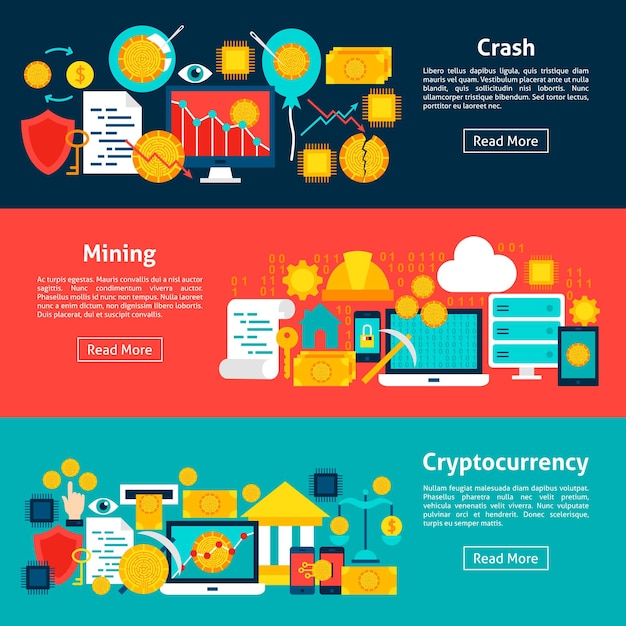 Banner orizzontali di criptovaluta. illustrazione vettoriale per l'intestazione del sito web. elementi finanziari design piatto.