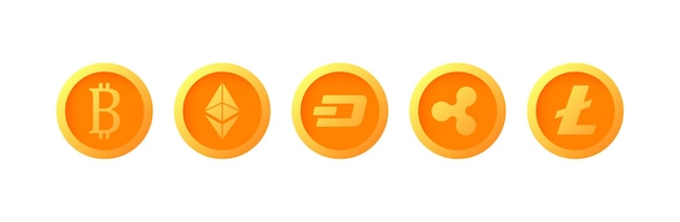 Вектор Иконки криптовалют плоский оранжевый биткойн эфириум лайткойн крипто иконки векторные иконки