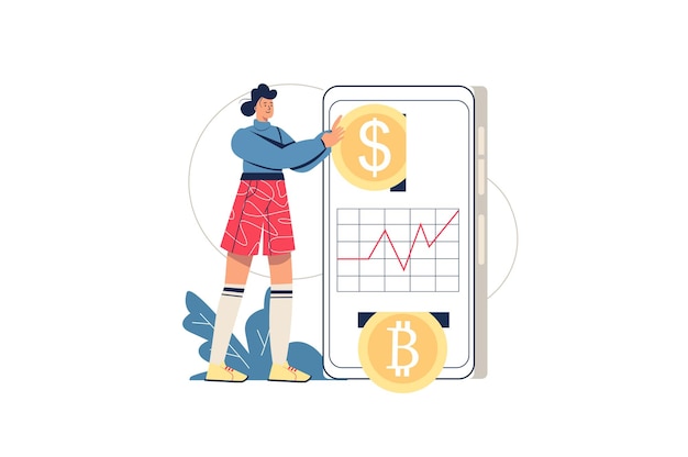 Cryptocurrency investering webconcept. Vrouw investeert in crypto, verdient digitaal geld. Blockchain-technologie en bitcoin-mining, minimale mensenscène. Vectorillustratie in plat ontwerp voor website