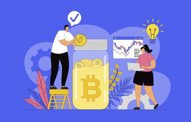 Cryptocurrency investeringsconcept met modern plat ontwerp voor het web Man en vrouw analyseren aandelengegevens kopen bitcoins verhogen digitale geldinkomsten ontwikkelen crypto-business Vector illustratie
