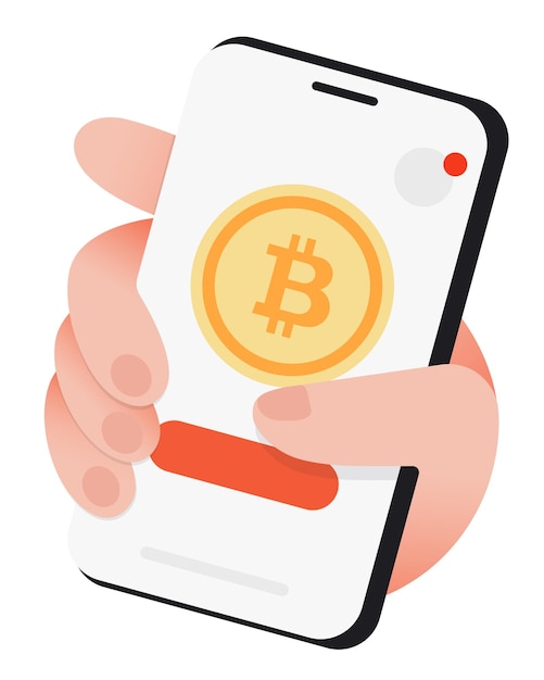 Cryptocurrency kopen en verkopen. Hand die de telefoon op het scherm houdt, toont bitcoin.