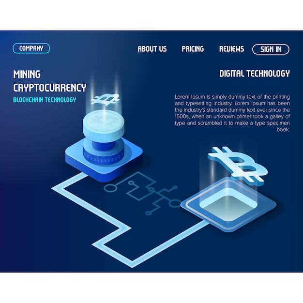 Vettore pagina di destinazione di cryptocurrency per bitcoin criptovaluta mining e tecnologia block chain