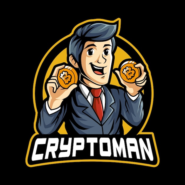 Cryptocurrency man mascotte karakter voor mijnbouw en game logo ontwerpsjabloon