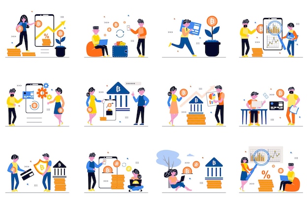 Cryptocurrency market concept with tiny people scenes set in flat design Bundle of men and women buy and sell bitcoins invest in crypto money analyze online exchanges Vector illustration for web