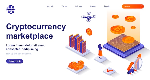 사람 캐릭터가있는 Cryptocurrency Marketplace 3d 아이소 메트릭 방문 페이지