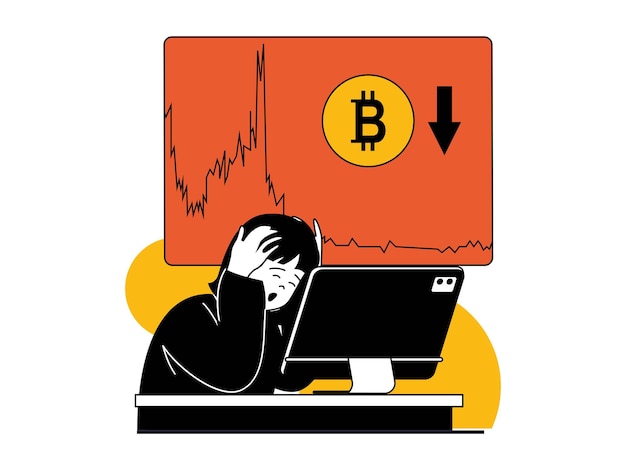 Cryptocurrency marketplace concept with character situation Sad woman loses money from crash of price of bitcoins on crypto exchanges Vector illustrations with people scene in flat design for web