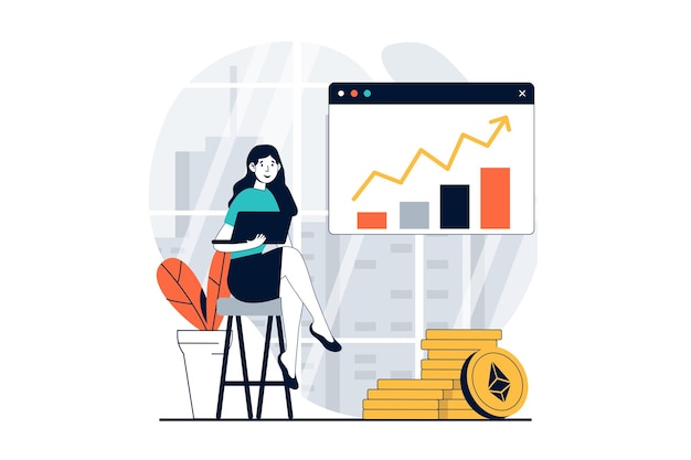 Cryptocurrency marketplace concept with people scene in flat design for web Woman analysing financial trends and buying ethereum Vector illustration for social media banner marketing material