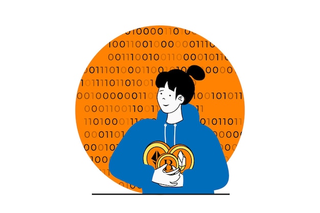 フラットなウェブデザインの人々のシーンを含む暗号通貨市場のコンセプトさまざまな暗号コインを使った財布でお金を稼ぐ女性ソーシャルメディアバナーマーケティング素材のベクトルイラスト
