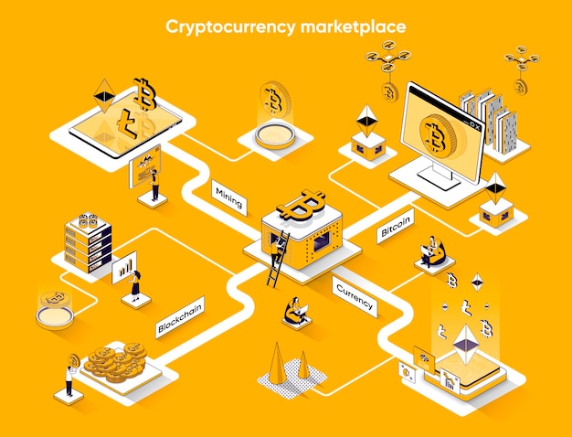 Cryptocurrency marketplace isometric web banner flat isometry