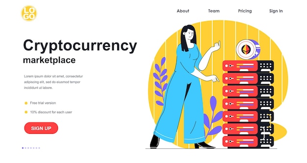 Concetto di banner web del mercato di criptovaluta. donna che guadagna bitcoin nella fattoria mineraria con rack di server, elaborazione hardware, modello di pagina di destinazione. illustrazione vettoriale con scena di persone in design piatto