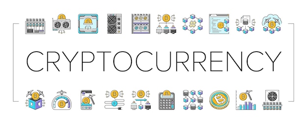 cryptocurrency mijnbouw blockchain iconen set vector