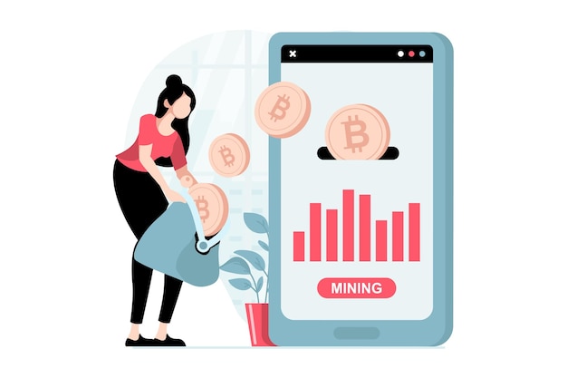 Cryptocurrency-mijnconcept met mensenscène in plat ontwerp Vrouw mijnen bitcoins te koop op marktplaatsen met behulp van digitale portemonnee in mobiele app Vectorillustratie met karaktersituatie voor web