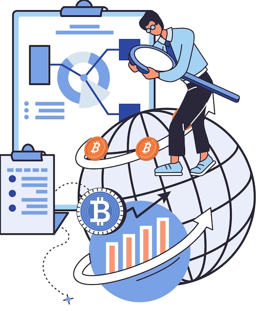 Cryptocurrency mijnwerker of handelaar beursspeler bitcoin investeerder analyseert verkopen met grafieken Mensen en geld financieel succes valutahandelconcept Blockchain-transactietechnologie