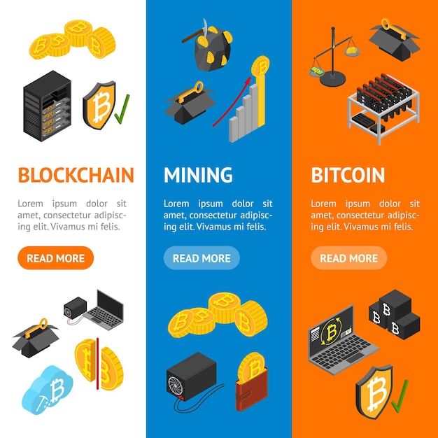 Cryptocurrency Mining Blockchain 3d Banner Vecrtical Set Isometric View Include of Farm Wallet Private Key Pool and Asic Vector illustration