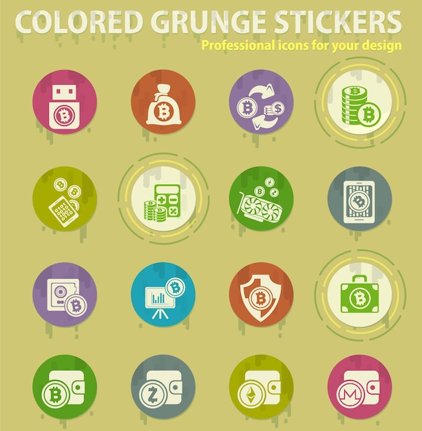 Vector cryptocurrency and mining colored grunge icons