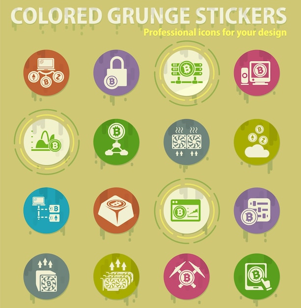 Vector cryptocurrency and mining colored grunge icons