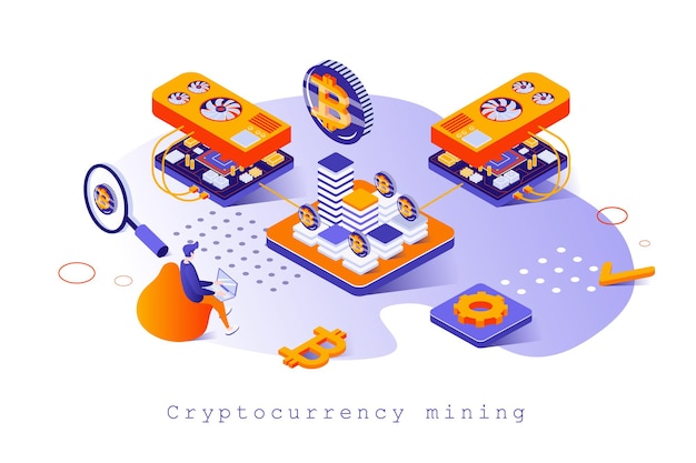 Cryptocurrency mining concept in 3d isometric design mining bitcoins and other crypto money on farm