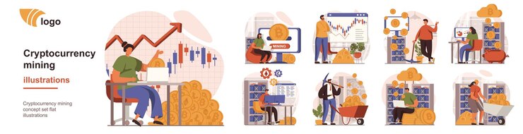 Vector 暗号通貨マイニングの概念孤立した人の状況人とのシーンのコレクション