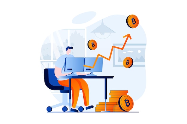 Cryptocurrency mining concept with people scene in flat cartoon design Man mines bitcoins using computer analyzes market data and increases money profit Vector illustration visual story for web