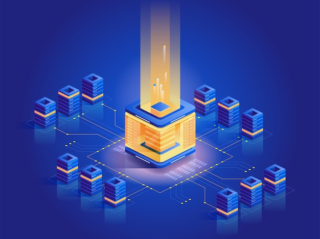 Cryptocurrency mining farm isometric illustration. Computer equipment, server architecture, e business. Blockchain technology, modern business. Virtual money, electronic currency dark blue concept