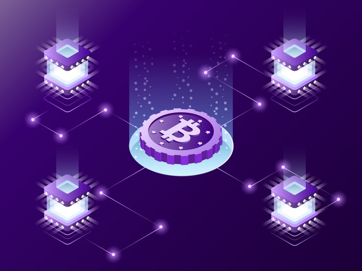 Vector cryptocurrency mining isometric concept.