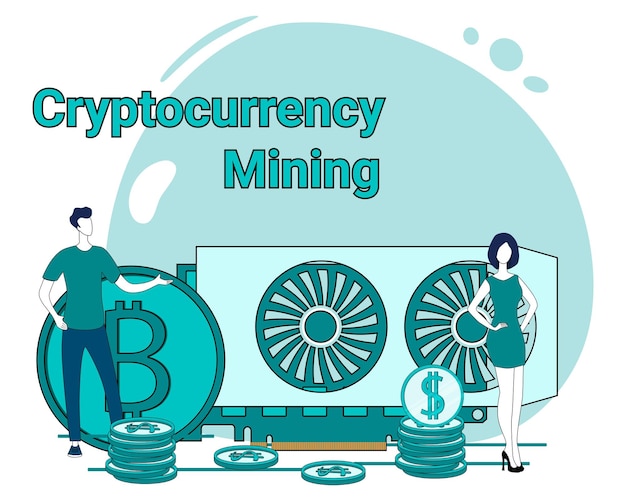 Cryptocurrency-mining Mensen op de achtergrond van een videokaart en bitcoin-munten zijn bezig